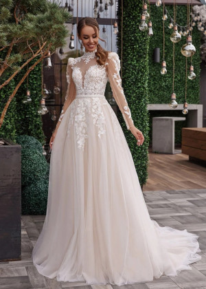 Beaded Lace Satin Chic Wedding Dress With Detachable Train
